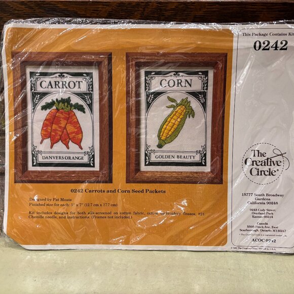 Vintage Creative Circle Kit# 0242 Carrots and Corn Seed Packet Embroidery Crewel - Picture 1 of 6